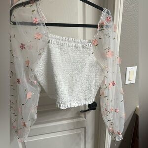 white floral shirred off the shoulder top mesh sleeves